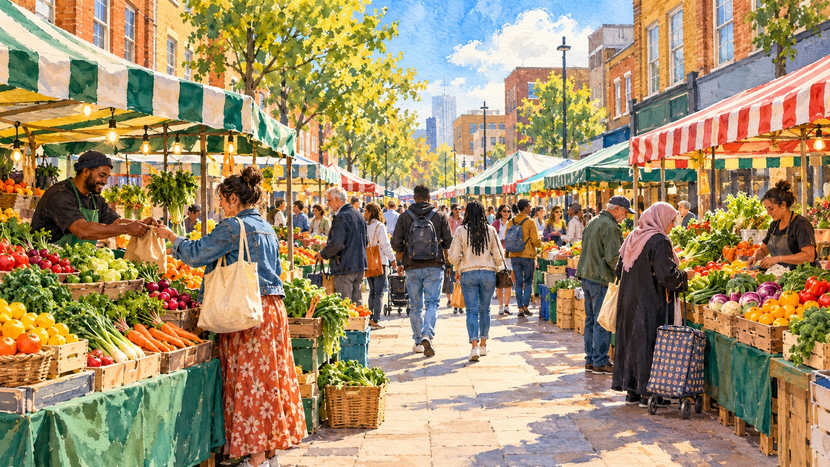 Representative watercolour illustration inspired by Surrey Street Market in Croydon