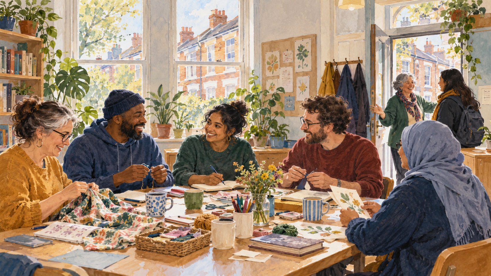 Representative watercolour illustration of a community gathering in Croydon