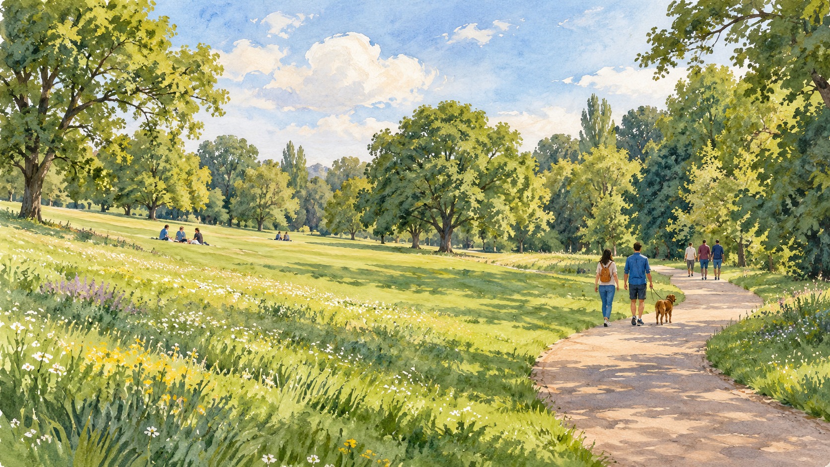 Representative watercolour illustration of a walk through parkland inspired by Lloyd Park in Croydon